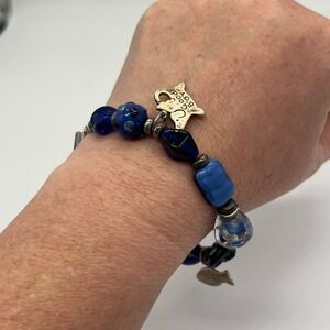 Cobalt Blue Glass Beaded Bracelet Sterling Silver Charms Pet Cat Dog Animal Cute